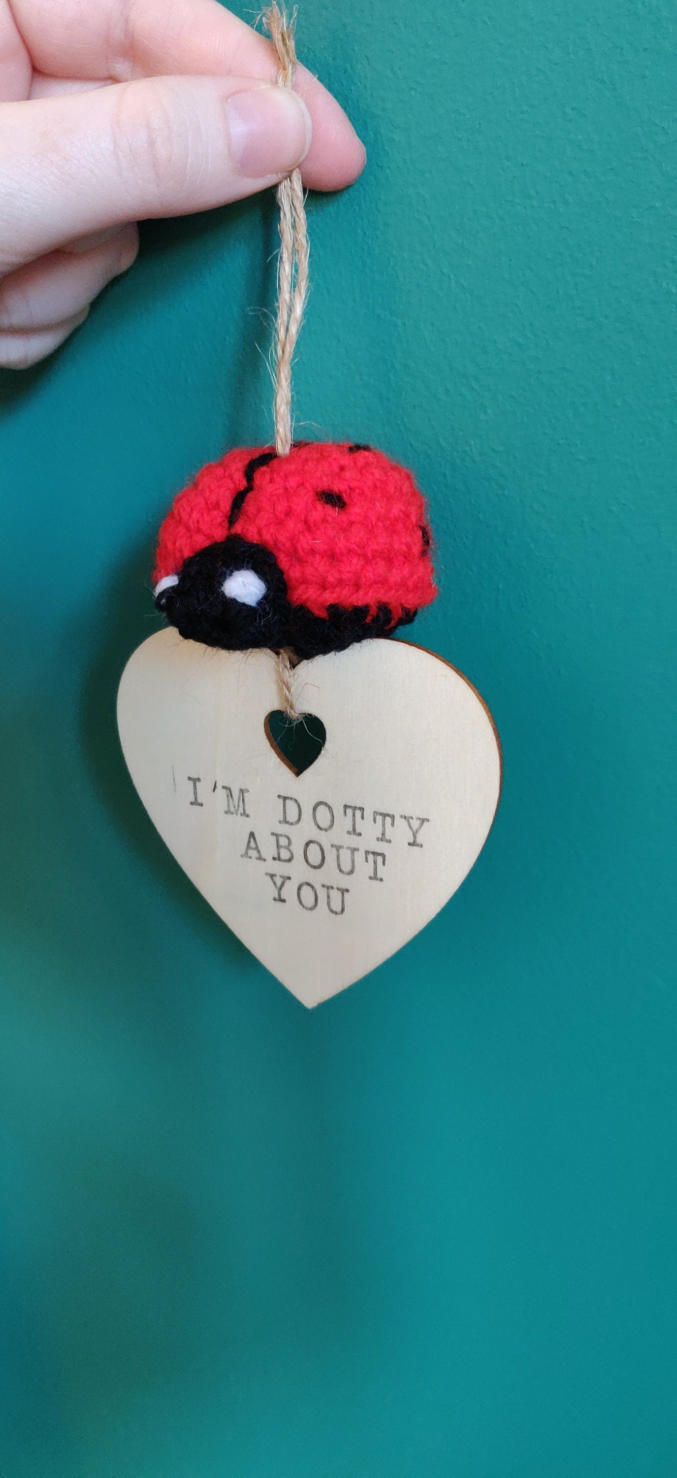 Crocheted Ladybug Hanging Decoration, Hand Stamped Wooden Sign, Personalized Gift