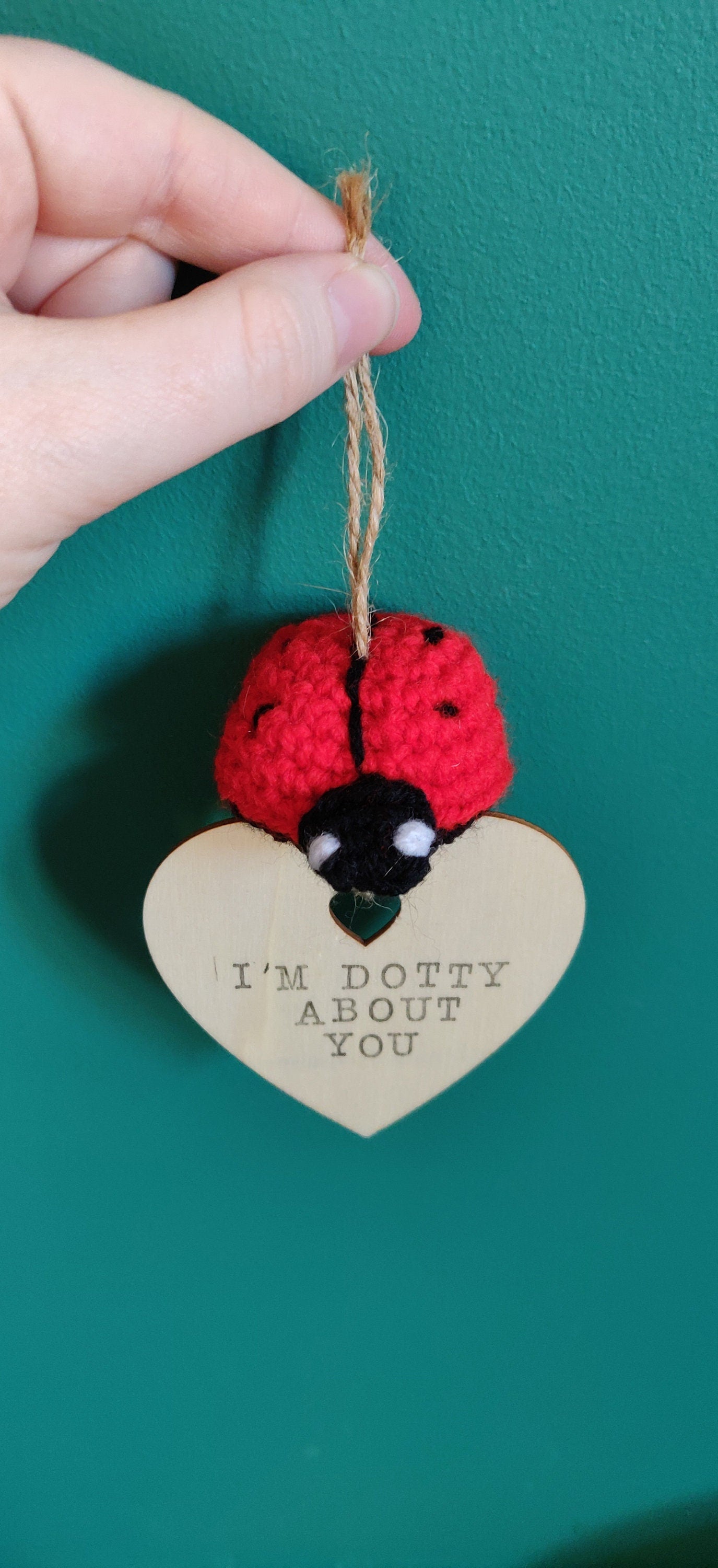 Crocheted Ladybug Hanging Decoration, Hand Stamped Wooden Sign, Personalized Gift