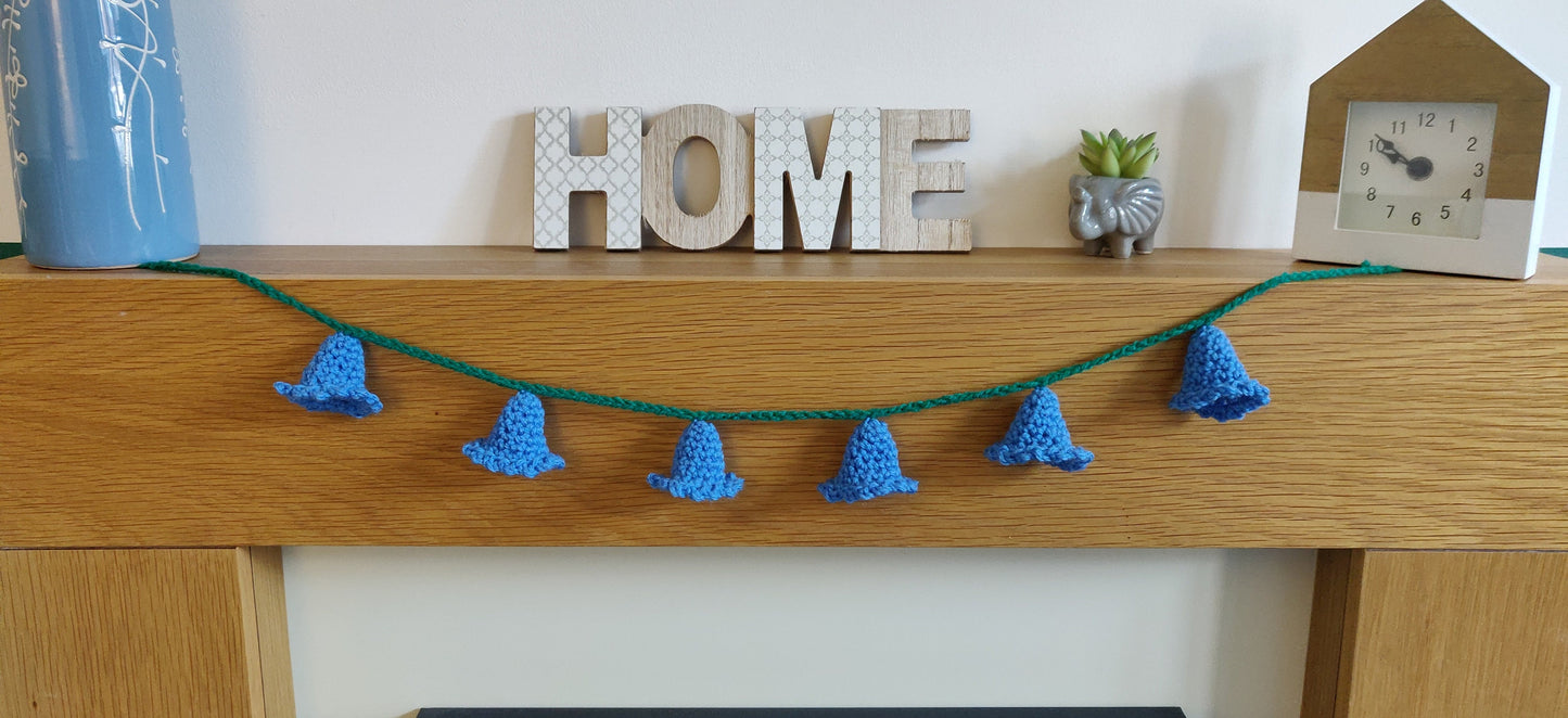 Bluebelle Flower Garland, Spring Flower Bunting, Blue Home Decor, Crochet Flower Ornament, Bluebell Gift, Mother's Day Gift, Easter Decor