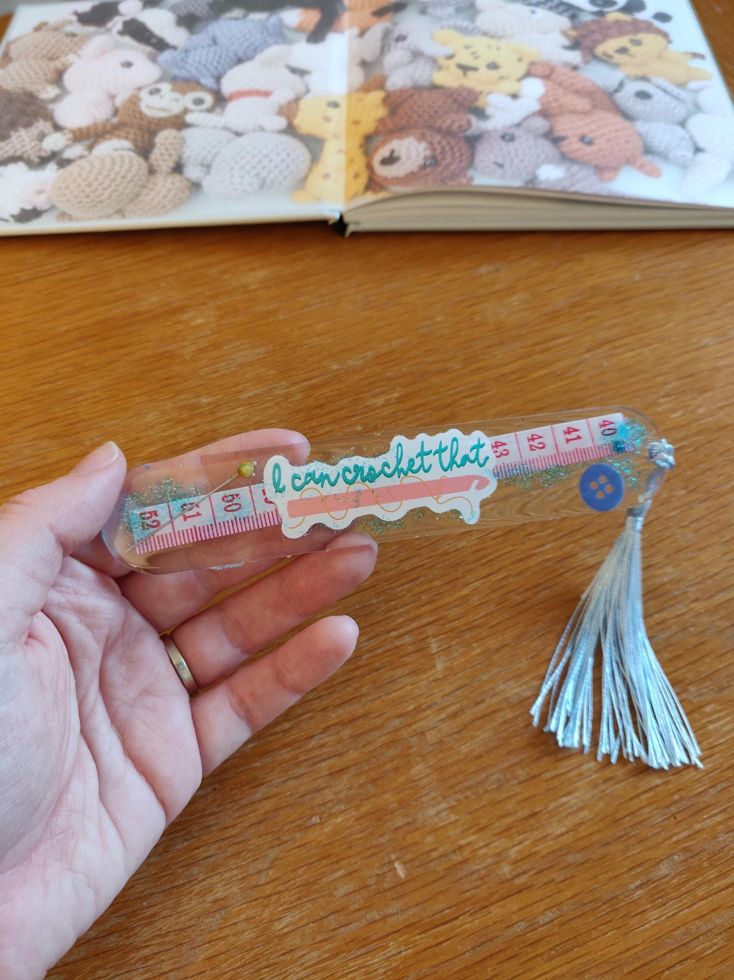 Craft Lover Bookmark, Craft Book Accessories, Resin bookmark with buttons, Ribbon and Tape Measure, Bookmark with Tassel, Crochet Lover Gift