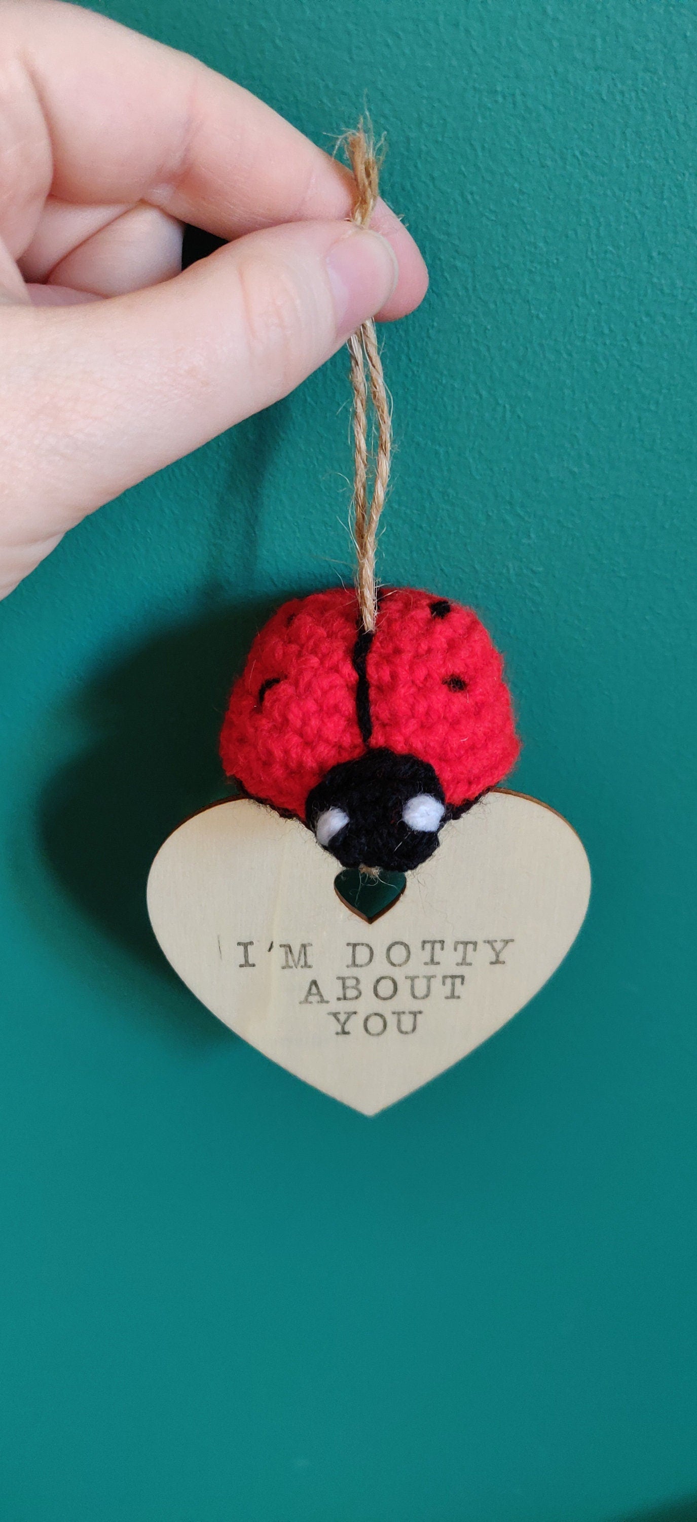 Crocheted Ladybug Hanging Decoration, Hand Stamped Wooden Sign, Personalized Gift