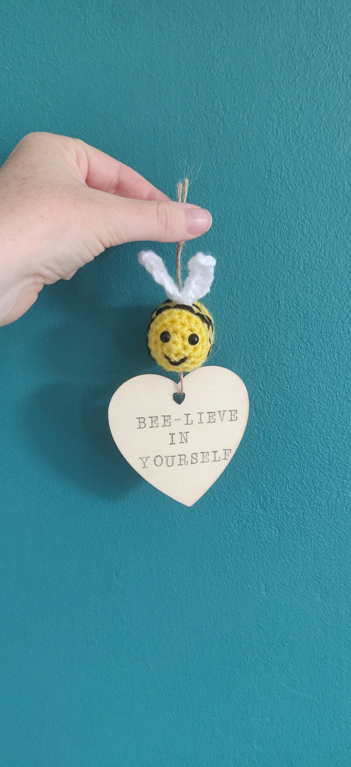 Crochet Bumblebee Believe Wooden Sign, Positive Quote Plaque