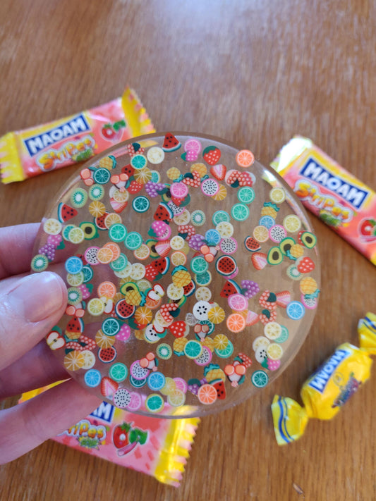 Tutti Fruity Coaster, Summer Fruits Table Decor, Colourful Resin Coasters, Lemon, Kiwi, Cherry, Fruit Slices, Fun & Bright Dopamine Decor