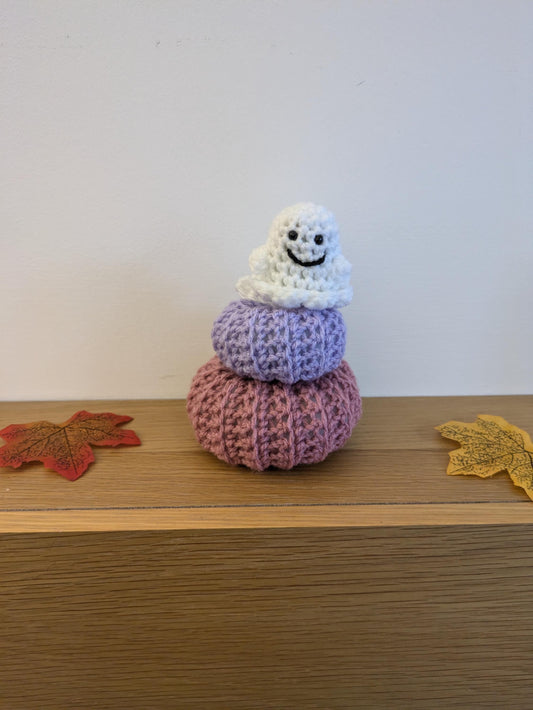 Cute Autumn Decorations, Whimsical Pastel Fall Pumpkins, Purple, Pink Kawaii, Mini Pumpkin, Fall Tiered Tray, Crochet Amigirumi Ghost