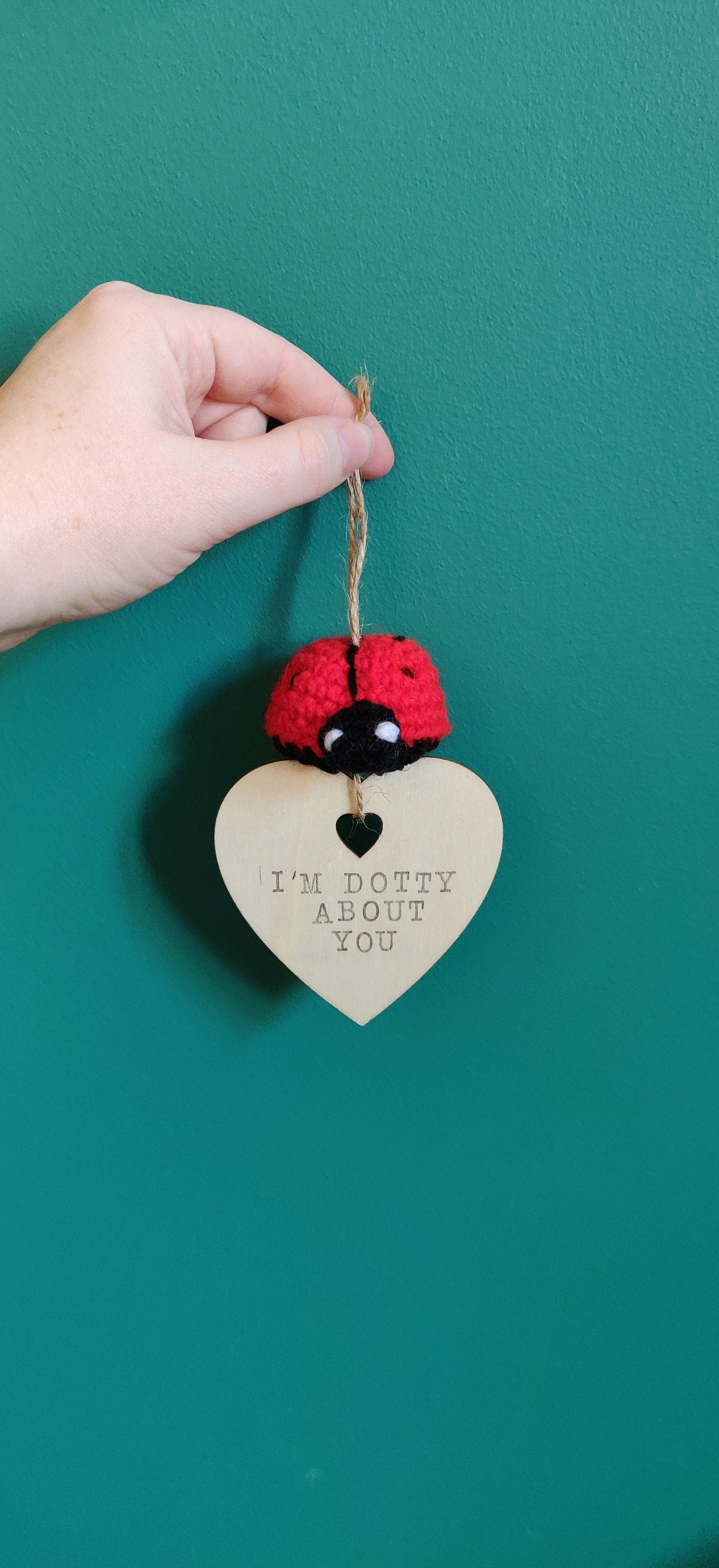 Crocheted Ladybug Hanging Decoration, Hand Stamped Wooden Sign, Personalized Gift