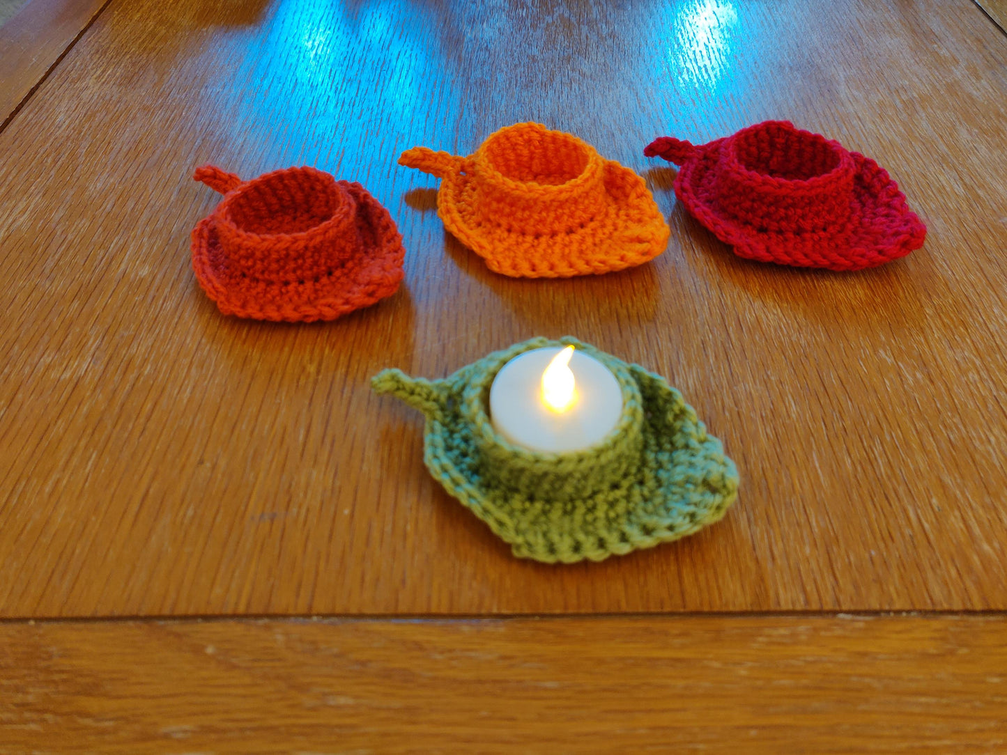 Autumn, Fall Leaf Tea Light Holder, Artificial Flame Candle, Autumn Decor, Table Setting, Diwali Candle, Crochet Leaves, Thanksgiving Table