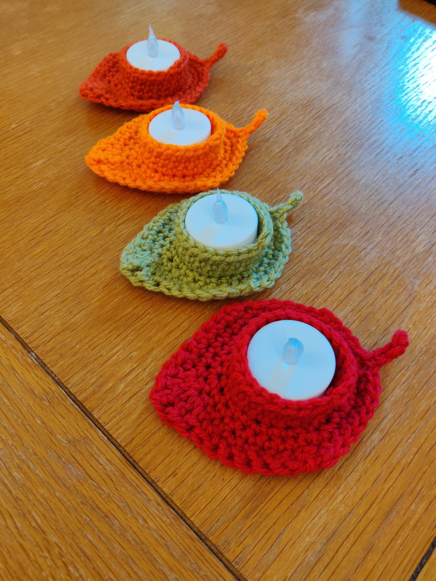 Autumn, Fall Leaf Tea Light Holder, Artificial Flame Candle, Autumn Decor, Table Setting, Diwali Candle, Crochet Leaves, Thanksgiving Table