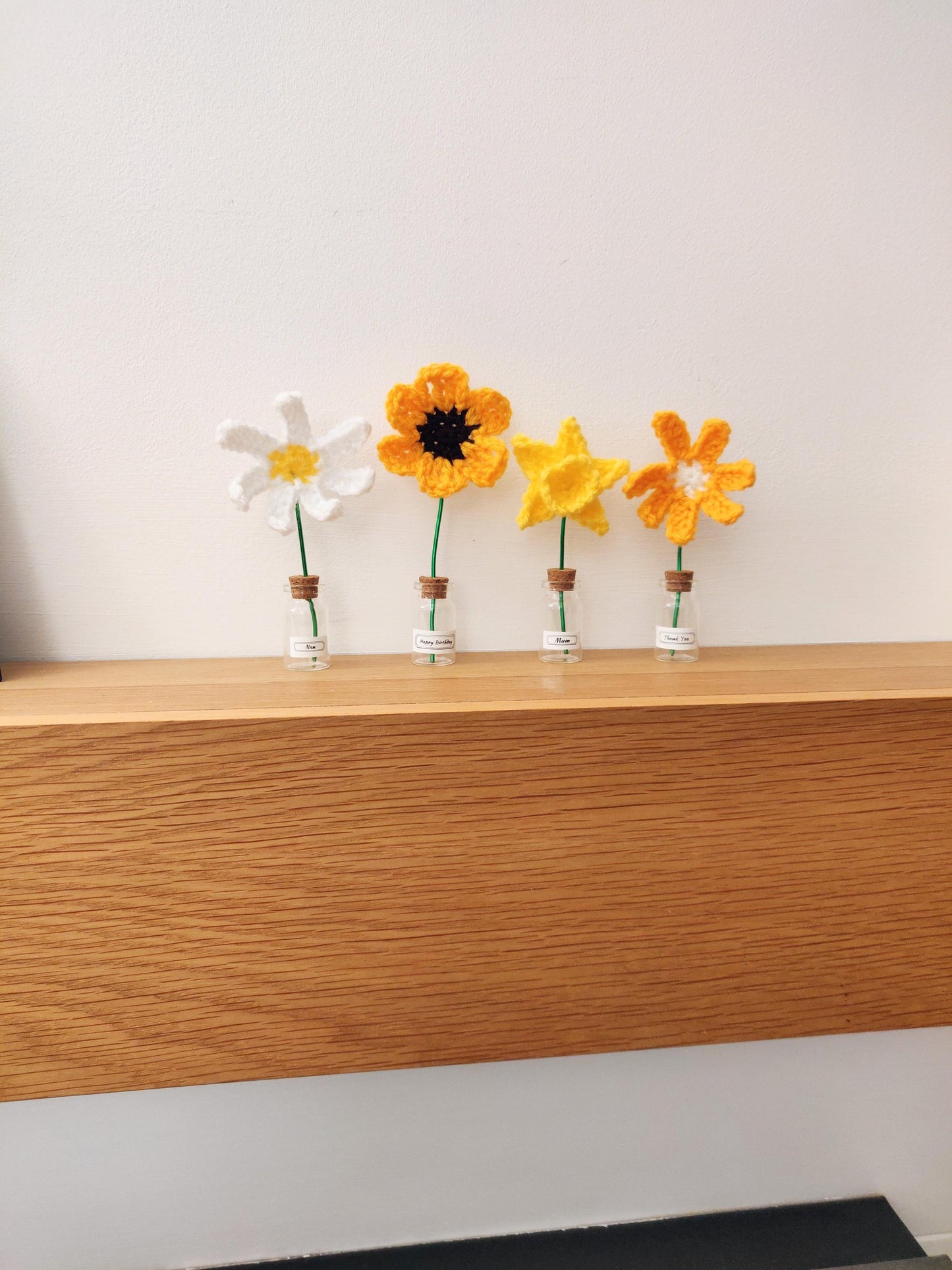 Miniature Flowers in Glass Vase, Crochet Flowers, Customised Vase, Mother's Day Gift, Mum, Nan, Happy Birthday, Mini Cute Gift, Personalised