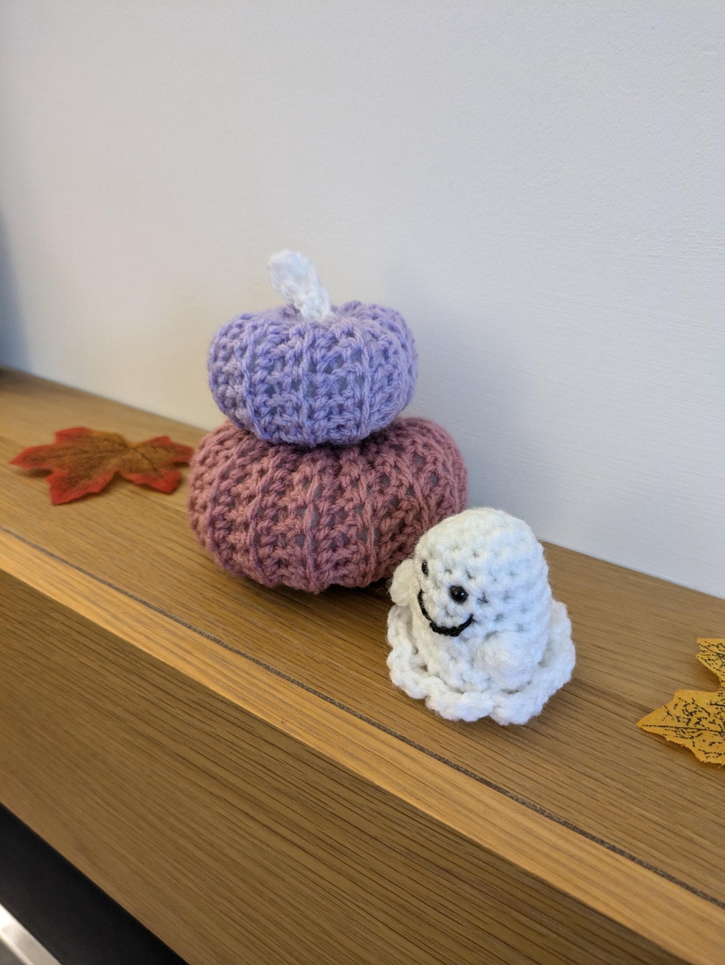 Cute Autumn Decorations, Whimsical Pastel Fall Pumpkins, Purple, Pink Kawaii, Mini Pumpkin, Fall Tiered Tray, Crochet Amigirumi Ghost