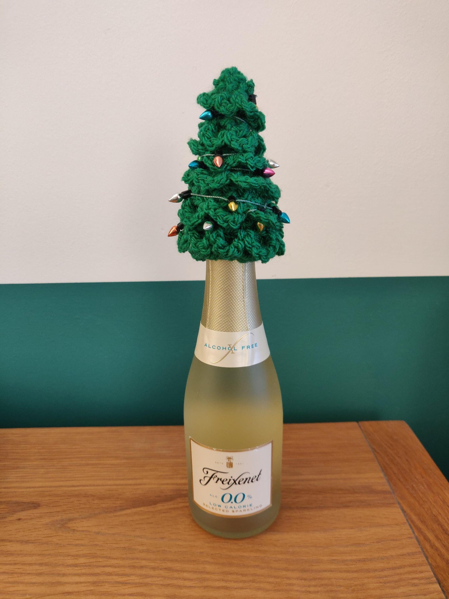Christmas Tree Bottle Topper, Champagne Bottle Cover, Mini Xmas Tree, Crochet Tree with Colourful Mini Light Bulbs, Secret Santa Gift
