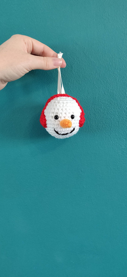 Crochet Snowman Ornament, Christmas Tree Bauble, Orange Carrot Nose