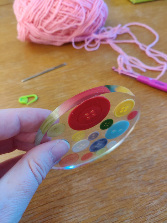 Craft Lover Coaster, Button Coaster, Craft Room Decor, Resin Paperweight, Unique, Fun Gift for Crocheter, Knitting, Embroidery, Sewing