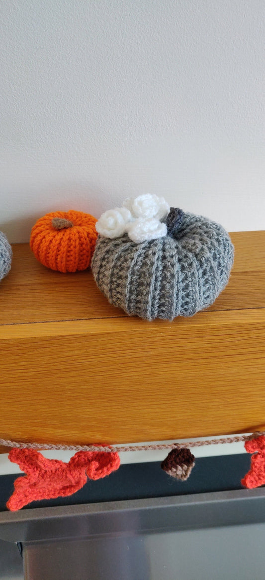 Grey Crochet Pumpkin, White Rose Decor, Autumn Ornament
