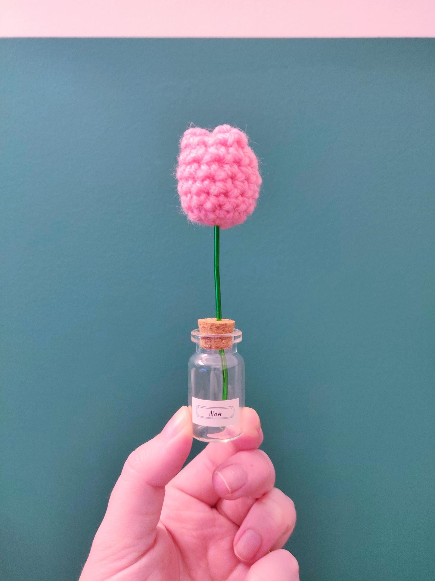 Miniature Flowers in Glass Vase, Crochet Flowers, Customised Vase, Mother's Day Gift, Mum, Nan, Happy Birthday, Mini Cute Gift, Personalised