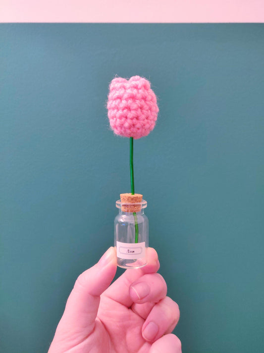 Miniature Flowers in Glass Vase, Crochet Flowers, Customised Vase, Mother's Day Gift, Mum, Nan, Happy Birthday, Mini Cute Gift, Personalised