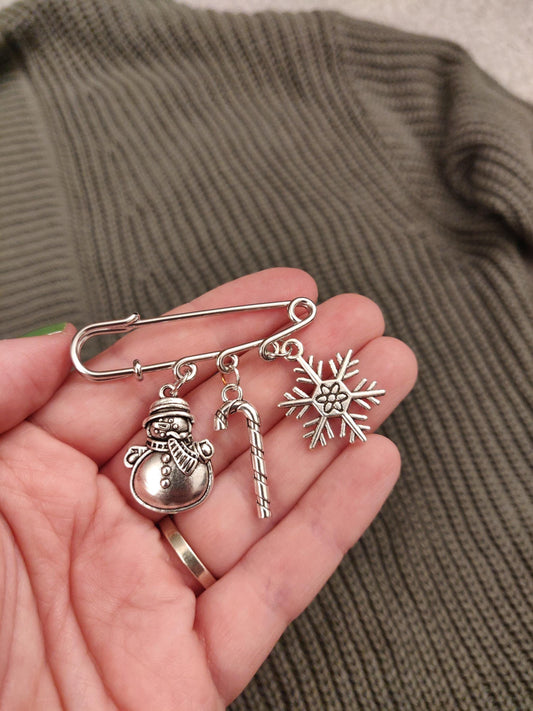 Christmas Brooch, Silver Charm Pin, Gold Santa Badge, Festive Pin, Stocking Filler, Secret Santa, Kilt Pin, Scarf, Snowman Coat Pin