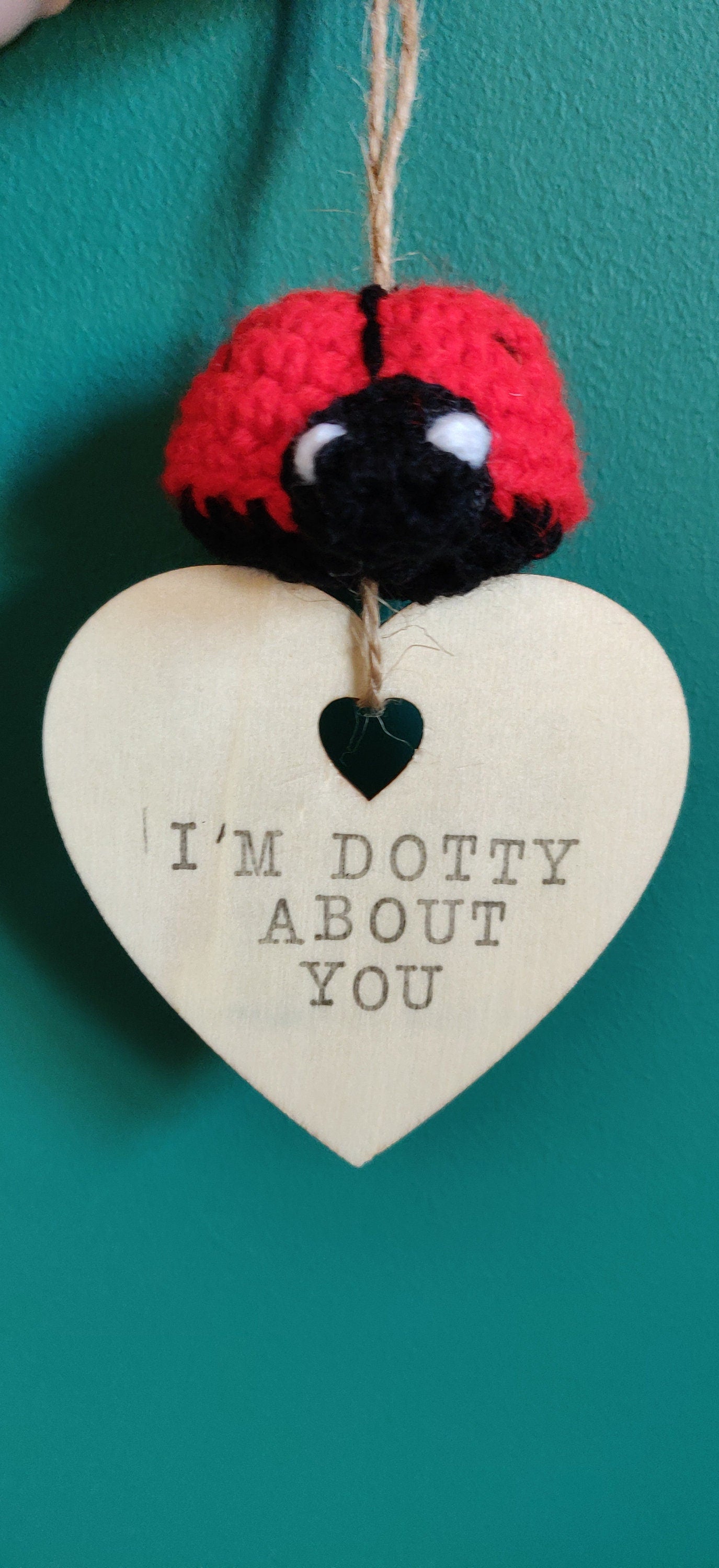 Crocheted Ladybug Hanging Decoration, Hand Stamped Wooden Sign, Personalized Gift
