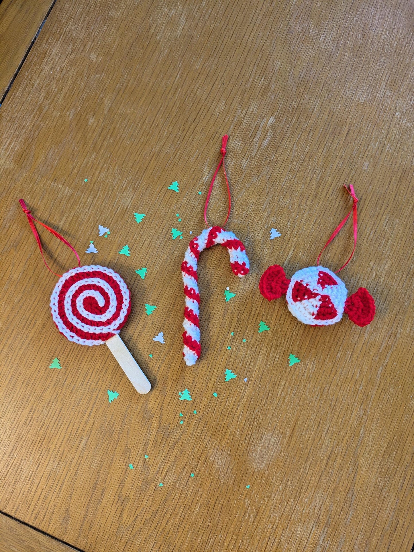 Red and White Christmas Decorations, Candy Cane,  Lolly Pop, Peppermint, Xmas Hanging Decs, Crochet Handmade Ornaments