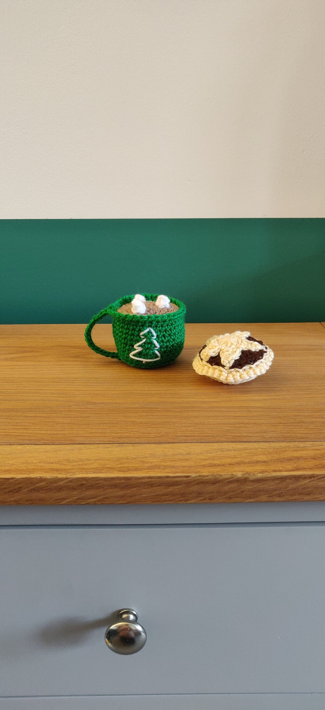 Crochet Mince Pie and Hot Chocolate Christmas Ornaments, Set of Two