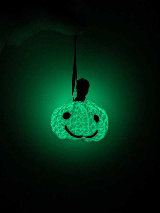 Glow in the Dark Mini Pumpkin with Face, Smiley White Pumpkin, Crochet Ornament, Halloween Decor, Autumn, Fall, Hanging Pumpkin Tree Decor