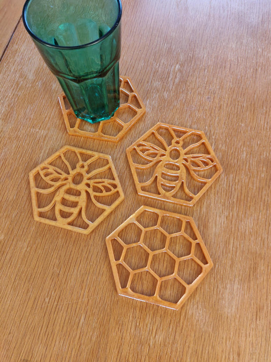 Golden Bee Epoxy Resin Coaster, Yellow Honeycomb Decor, Housewarming Coaster Set, Unique Bee Theme, Geometric Hexagon Bee Keeper Gift