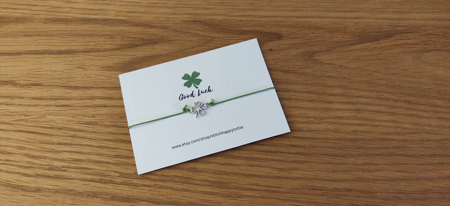 Good Luck Bracelet, Green Four Leaf Clover Charm Jewellery, Good Luck Card, New Job, New School, Exams, Lucky Bracelet, Adjustable Bracelet