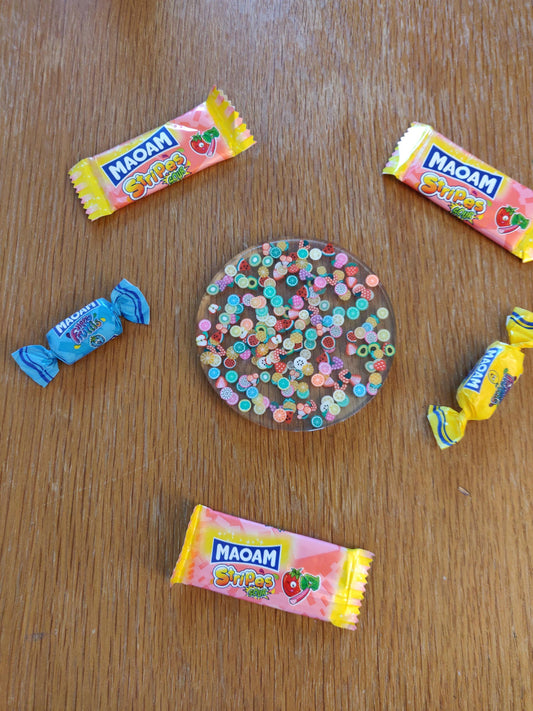 Tutti Fruity Coaster, Summer Fruits Table Decor, Colourful Resin Coasters, Lemon, Kiwi, Cherry, Fruit Slices, Fun & Bright Dopamine Decor