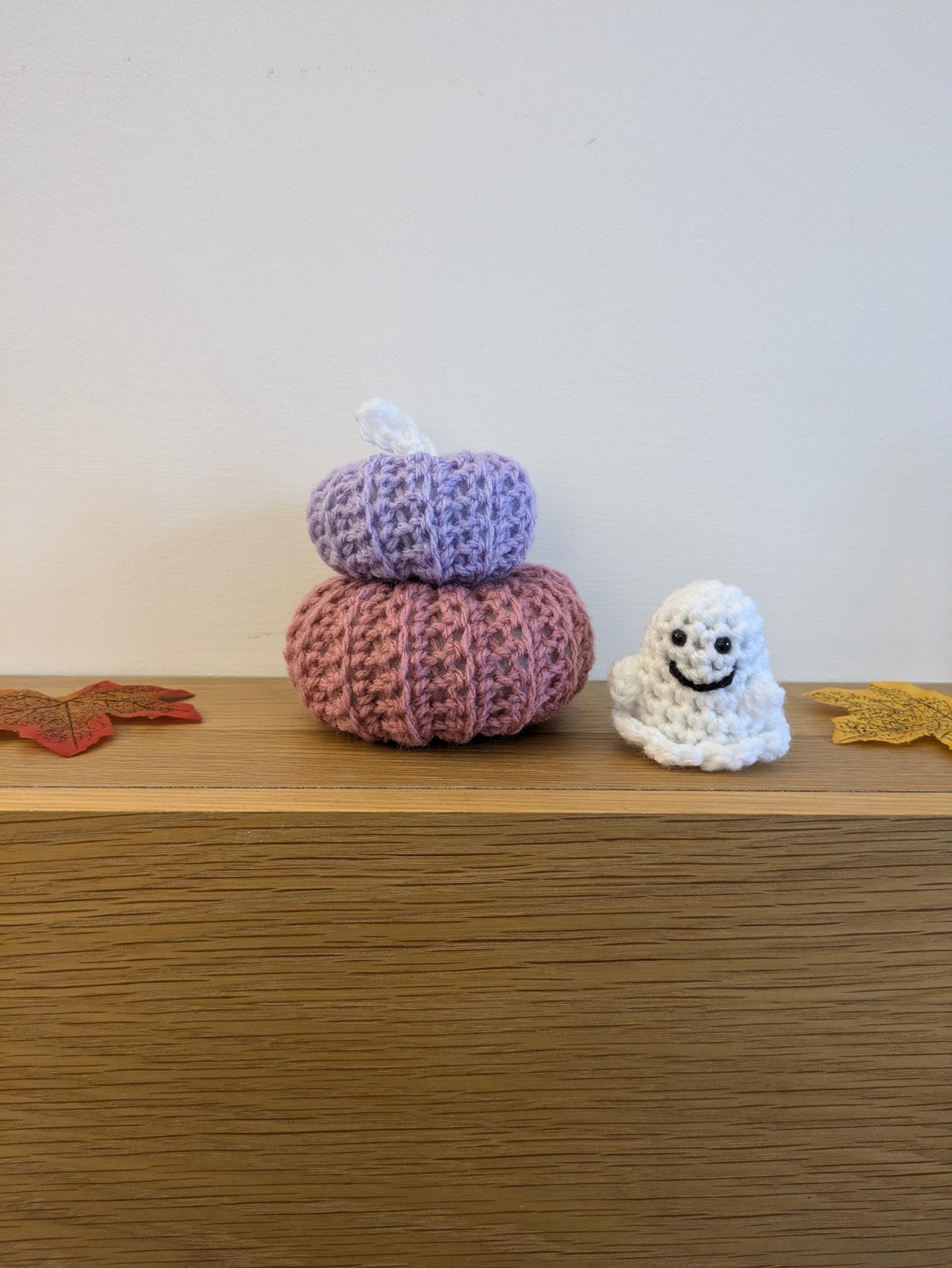 Cute Autumn Decorations, Whimsical Pastel Fall Pumpkins, Purple, Pink Kawaii, Mini Pumpkin, Fall Tiered Tray, Crochet Amigirumi Ghost