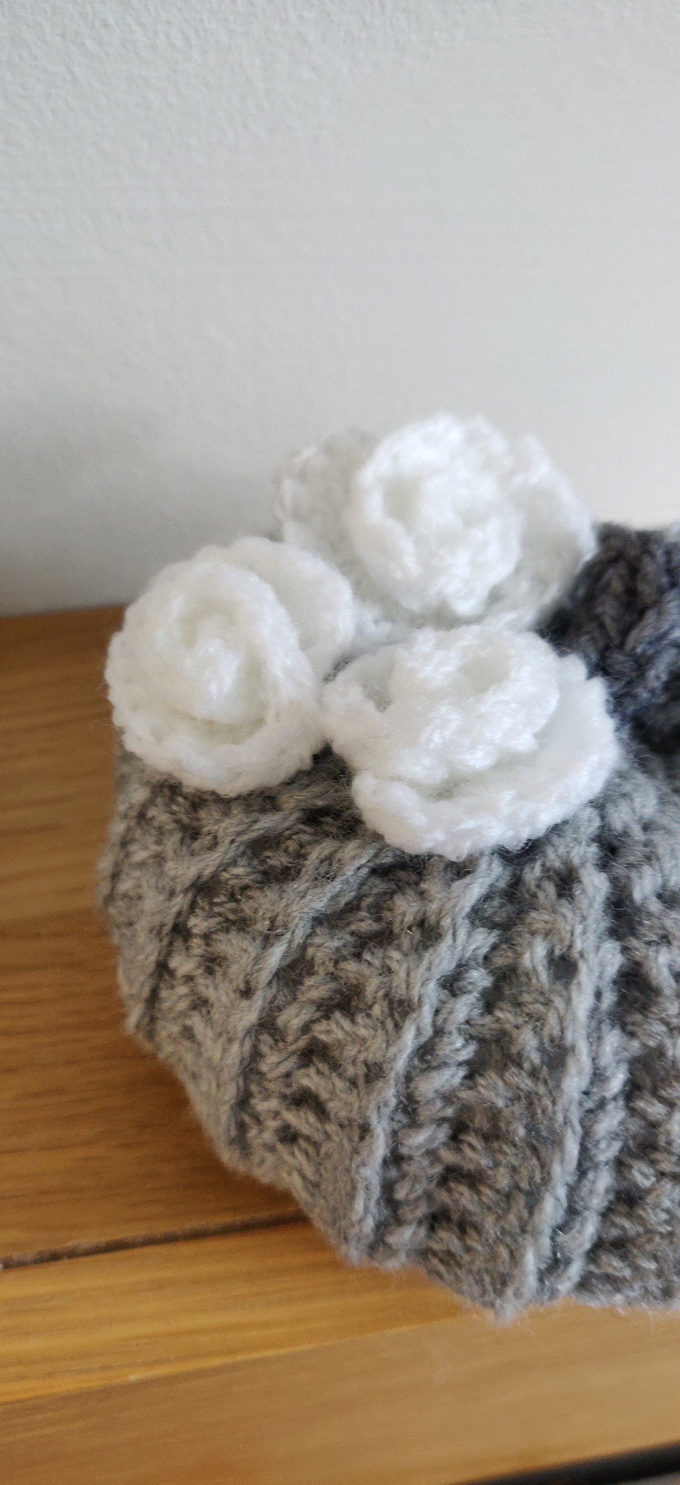 Grey Crochet Pumpkin, White Rose Decor, Autumn Ornament