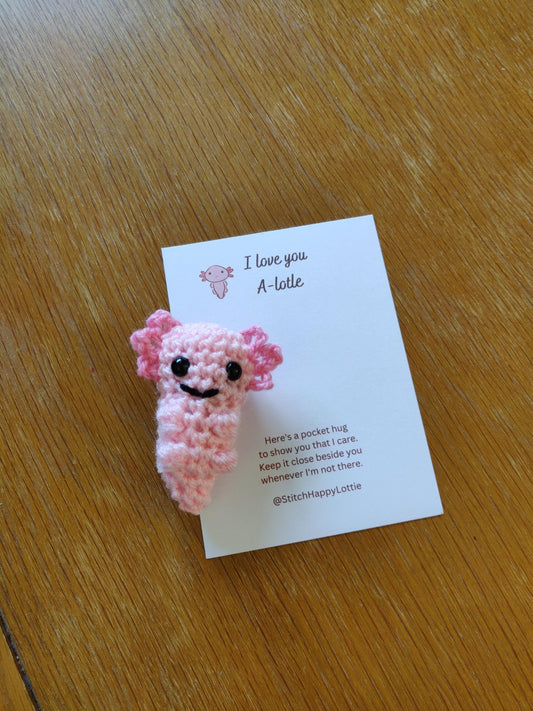 I Love you Alotle, Pocket Hug Token, Positive Gift Card, Crochet Axolotl, Mini Axolotl Gift, Birthday Present, Anniversary Fun Card, Anxiety