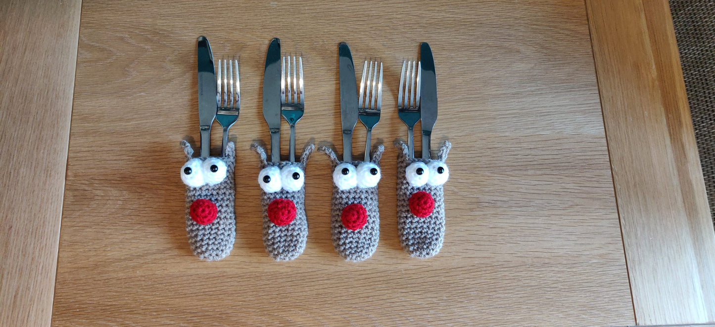 Crochet Christmas Reindeer Cutlery Holder, Holiday Table Decor