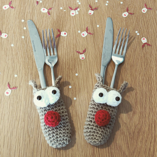 Crochet Christmas Reindeer Cutlery Holder, Holiday Table Decor