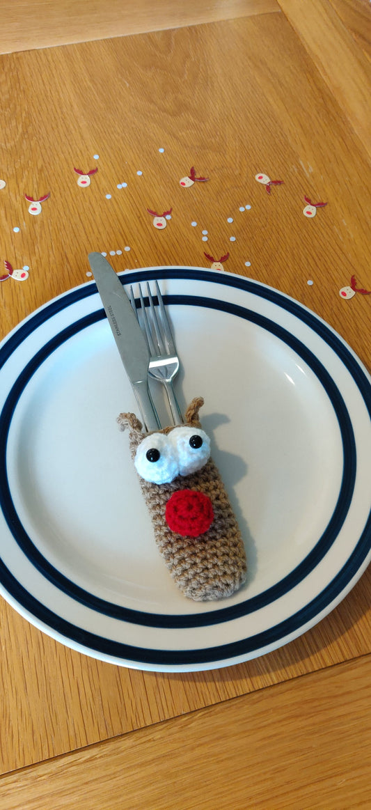 Crochet Christmas Reindeer Cutlery Holder, Holiday Table Decor