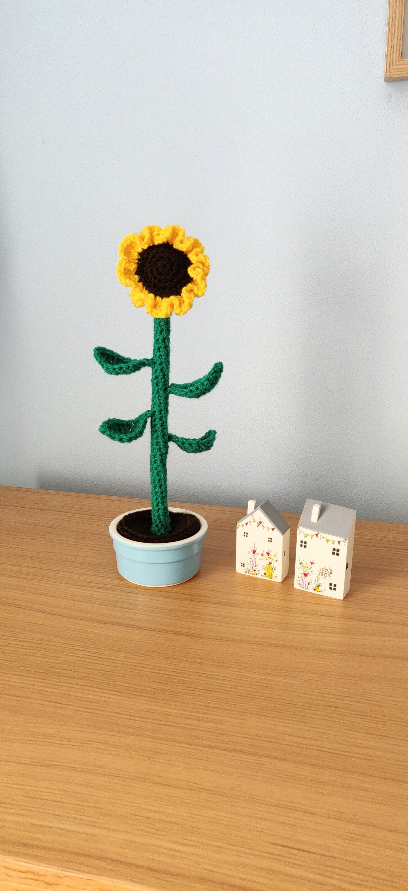 Sunflower Houseplant, Crochet Sunflower in Blue Ceramic Pot, Artificial Sunflower, Artificial Flowers, Houseplant Gift, Mother's Day Gift
