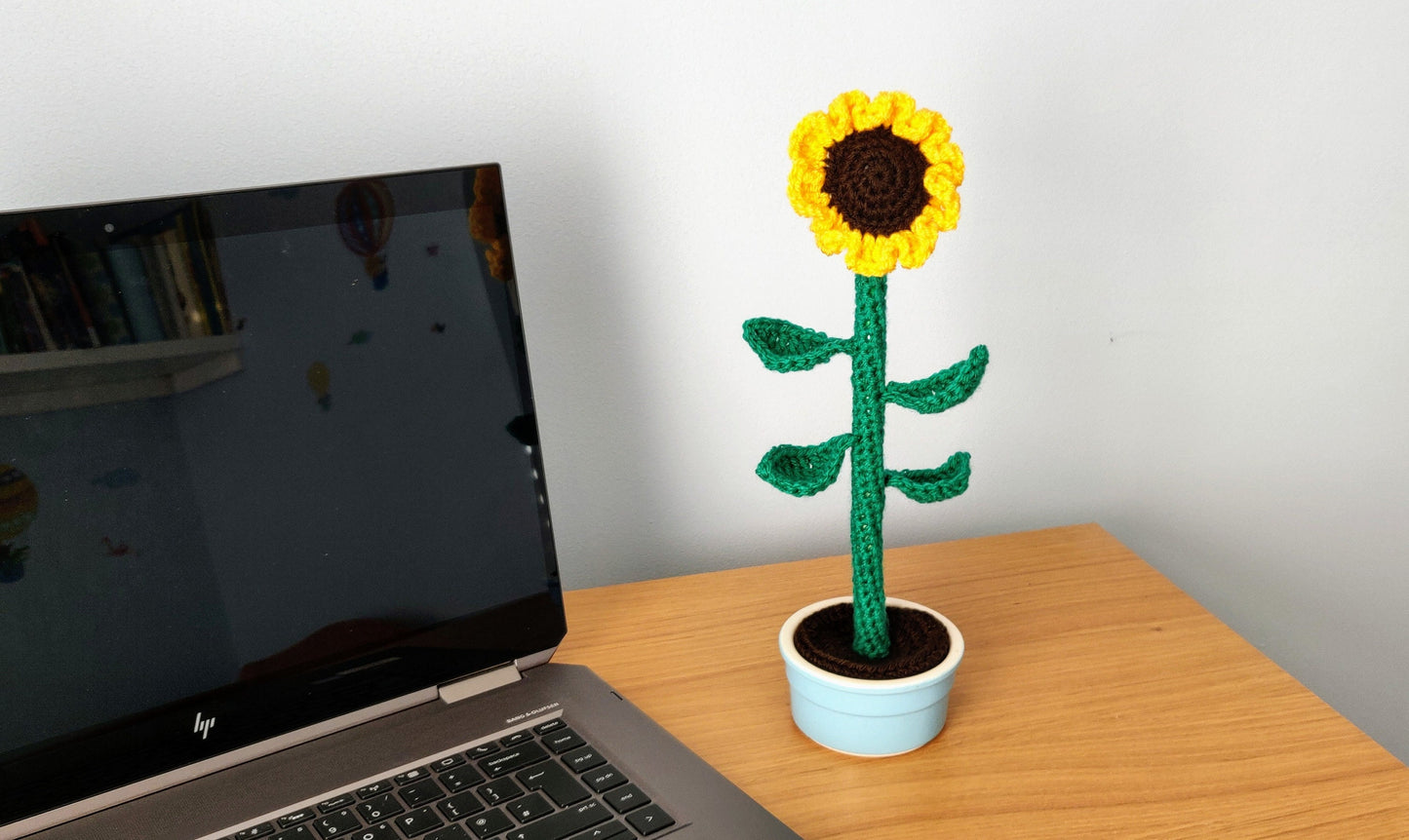 Sunflower Houseplant, Crochet Sunflower in Blue Ceramic Pot, Artificial Sunflower, Artificial Flowers, Houseplant Gift, Mother's Day Gift