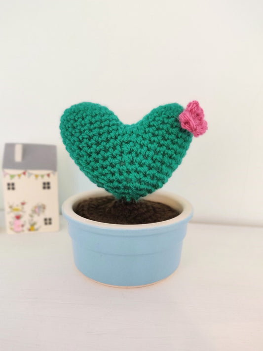 Artificial Plant in Pot, Crochet Heart Cactus in Blue Pot, Artificial House Plant, Fake Plant in Pot, Plant Gift, Crochet Plant, Cactus Gift