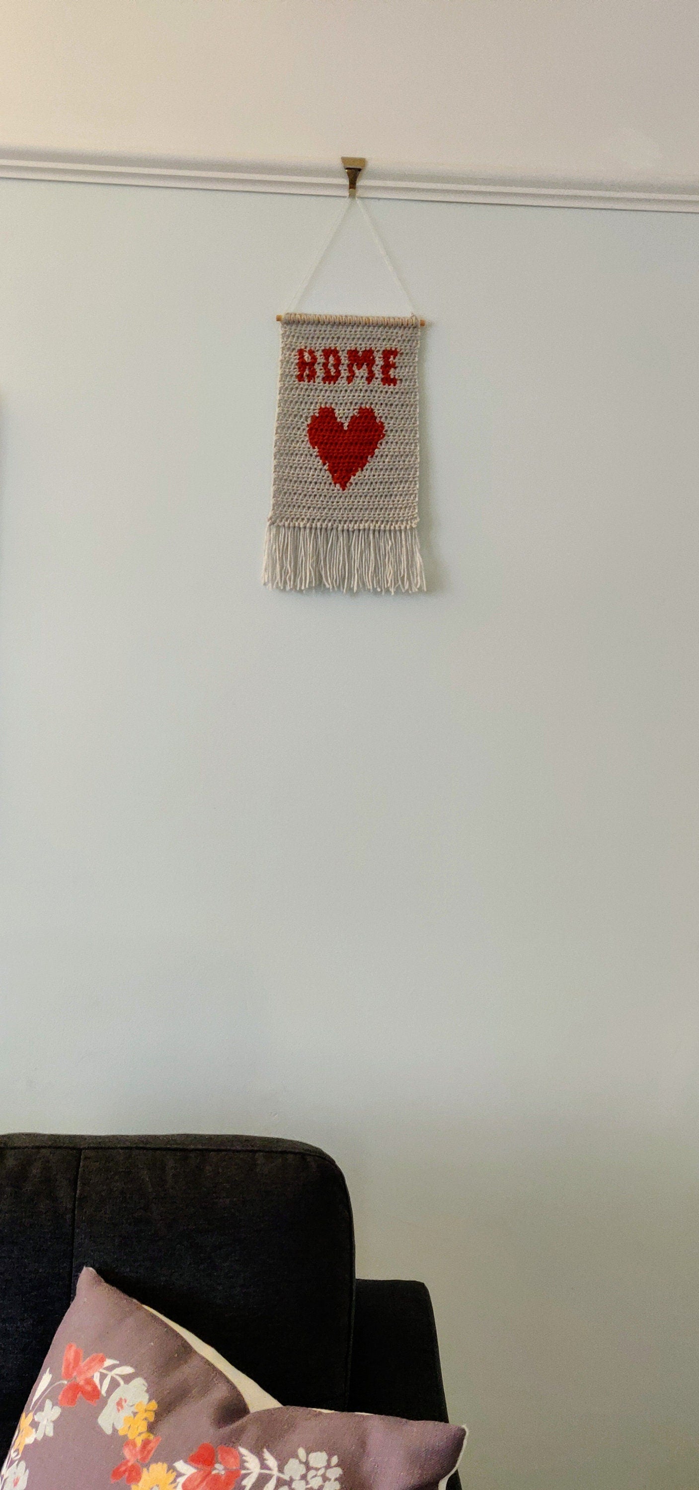 Home Wall Hanging, Crochet Wall Art, Heart Decoration, New Home Gift, Housewarming Gift, Gray Decor, Gray Wall Art, Home Sign