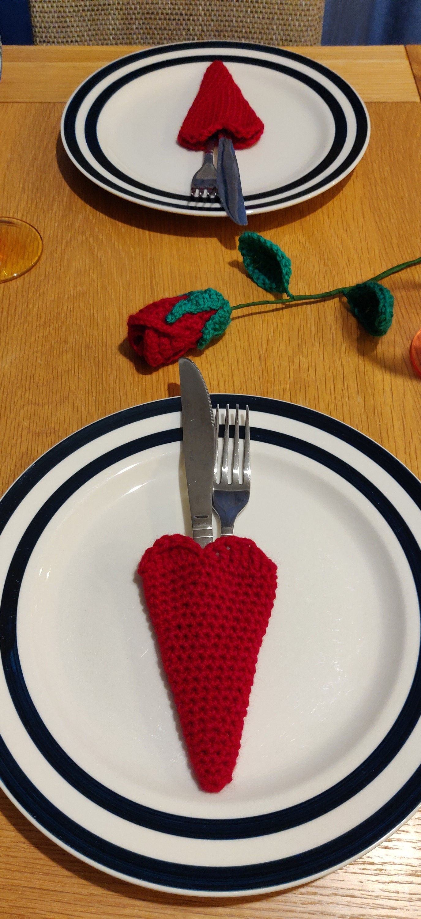 Heart Cutlery Holder Set of Two, Romantic Tableware, Red Heart Cutlery Pouch, Crochet Heart Gift, Dinnerware Sets, Anniversary Gift