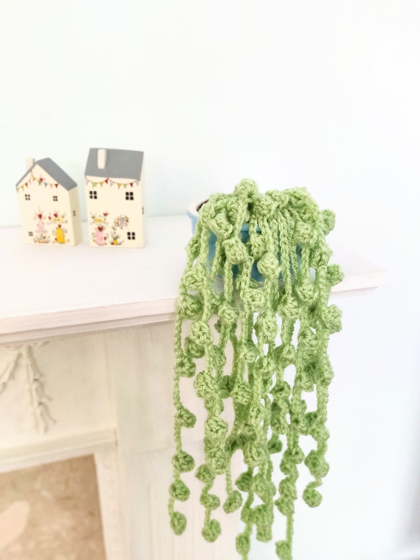 Set of Two Crocheted String of Pearls Hanging Plant, Blue Pot