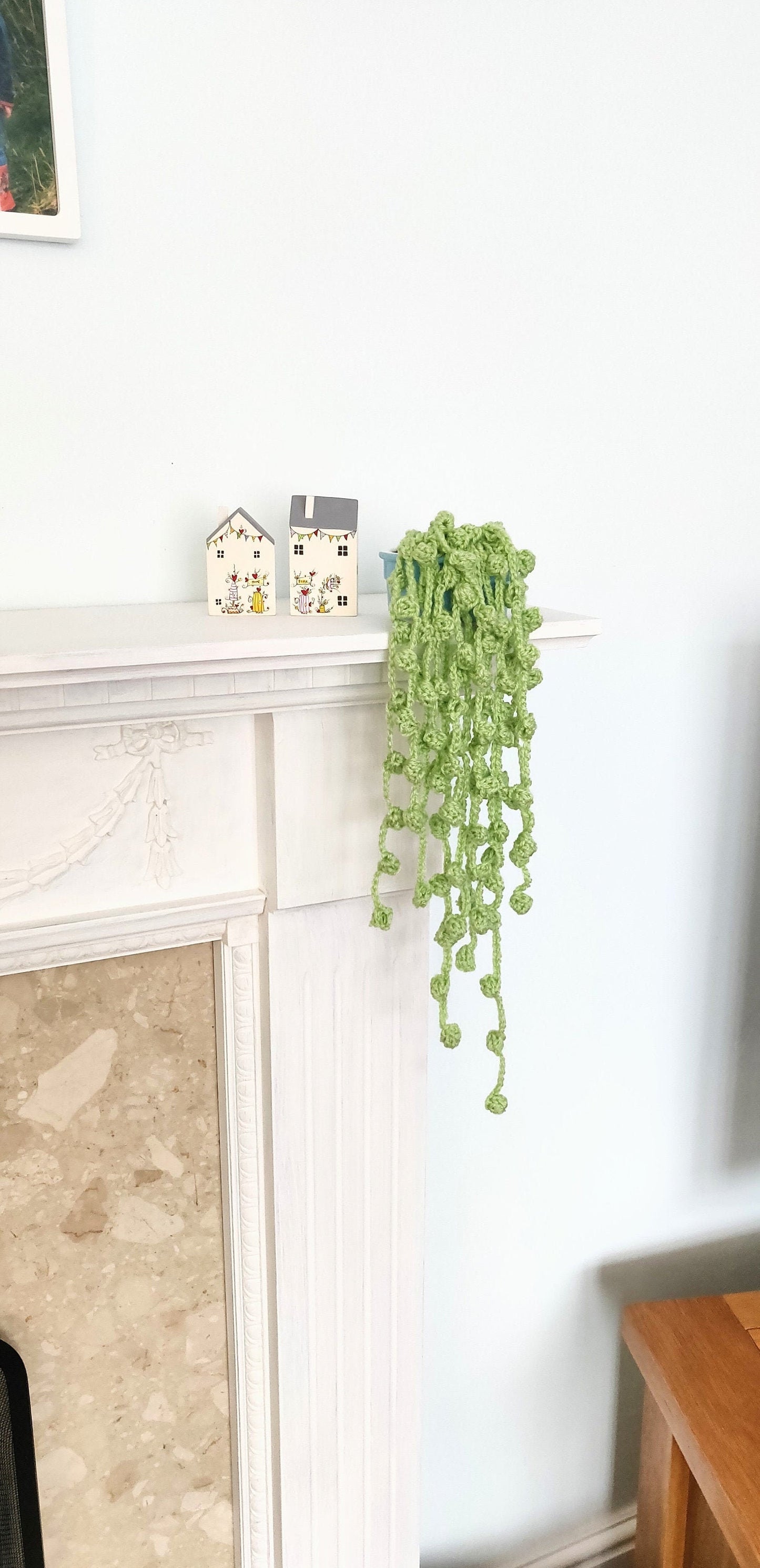 Set of Two Crocheted String of Pearls Hanging Plant, Blue Pot