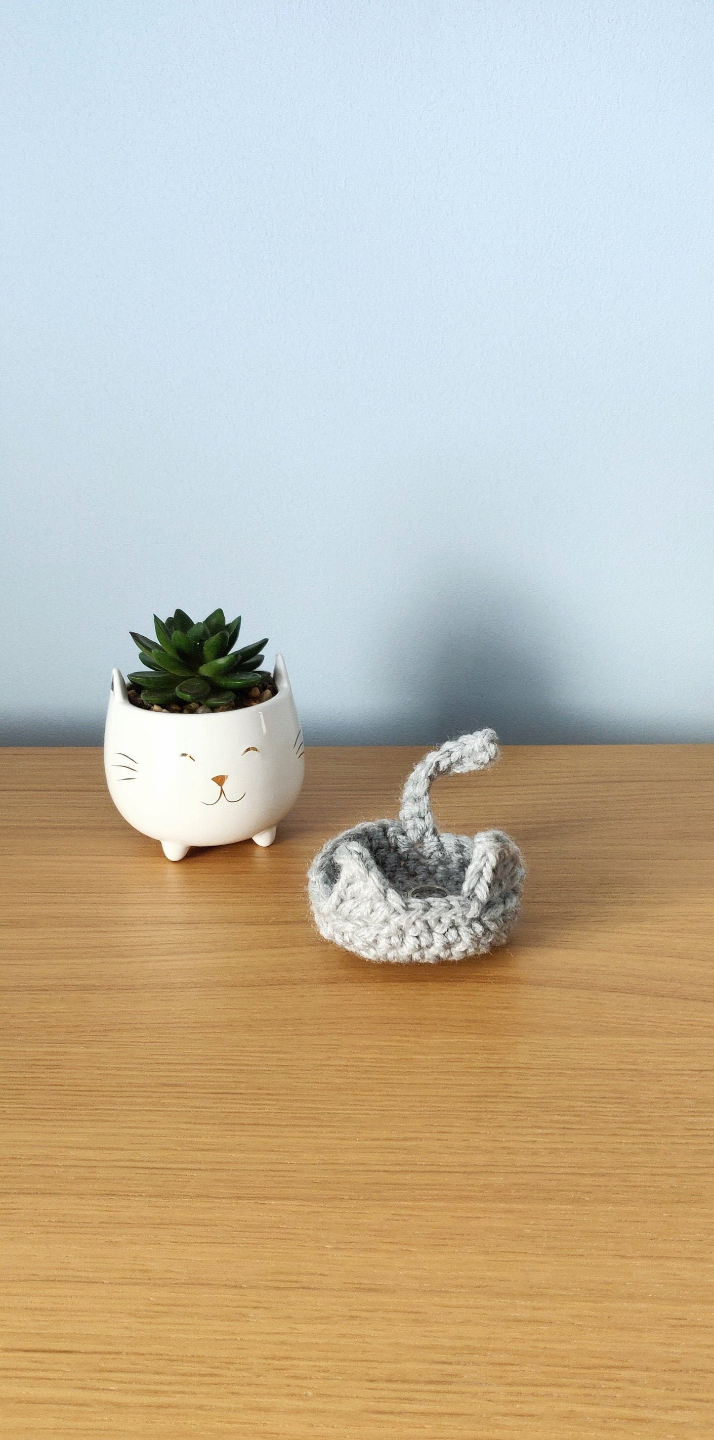 Crochet Cat Ring Dish, Trinket Holder, Handmade Kitten Decor