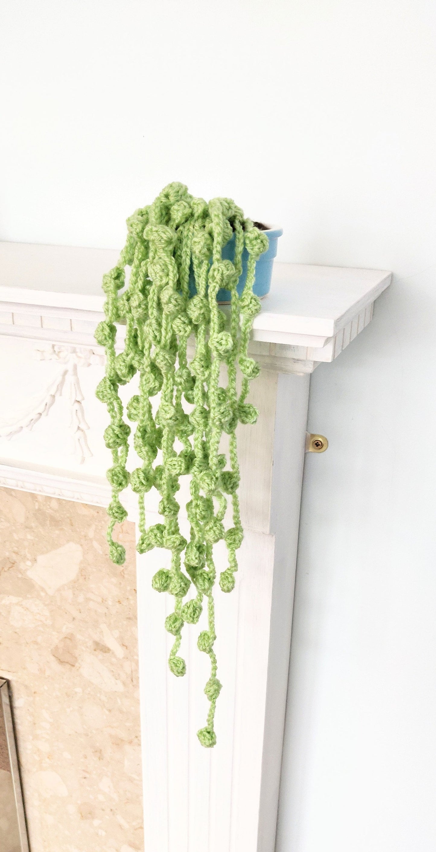 Set of Two Crocheted String of Pearls Hanging Plant, Blue Pot