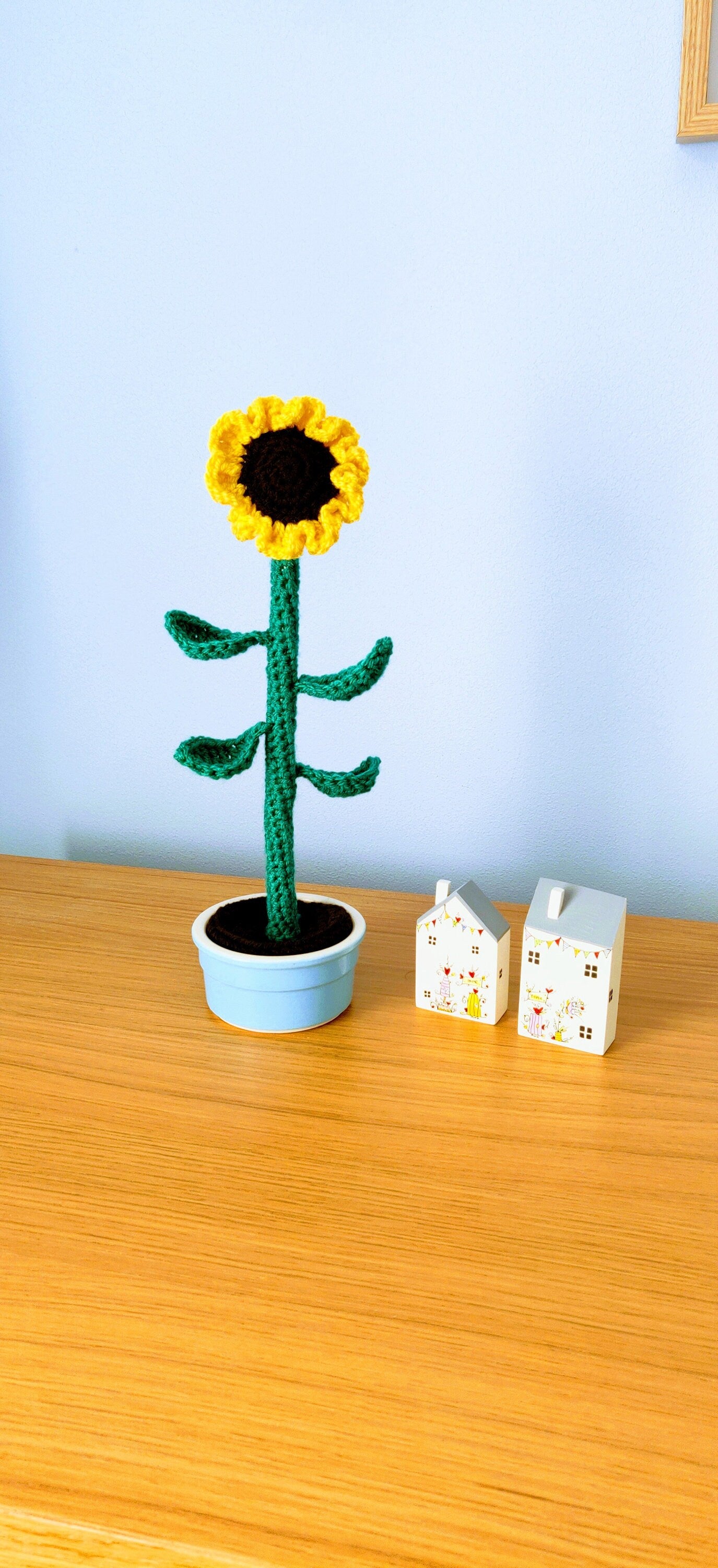 Sunflower Houseplant, Crochet Sunflower in Blue Ceramic Pot, Artificial Sunflower, Artificial Flowers, Houseplant Gift, Mother's Day Gift