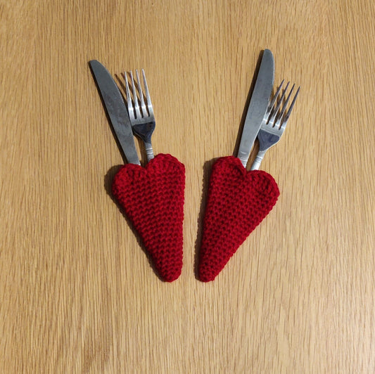 Heart Cutlery Holder Set of Two, Romantic Tableware, Red Heart Cutlery Pouch, Crochet Heart Gift, Dinnerware Sets, Anniversary Gift