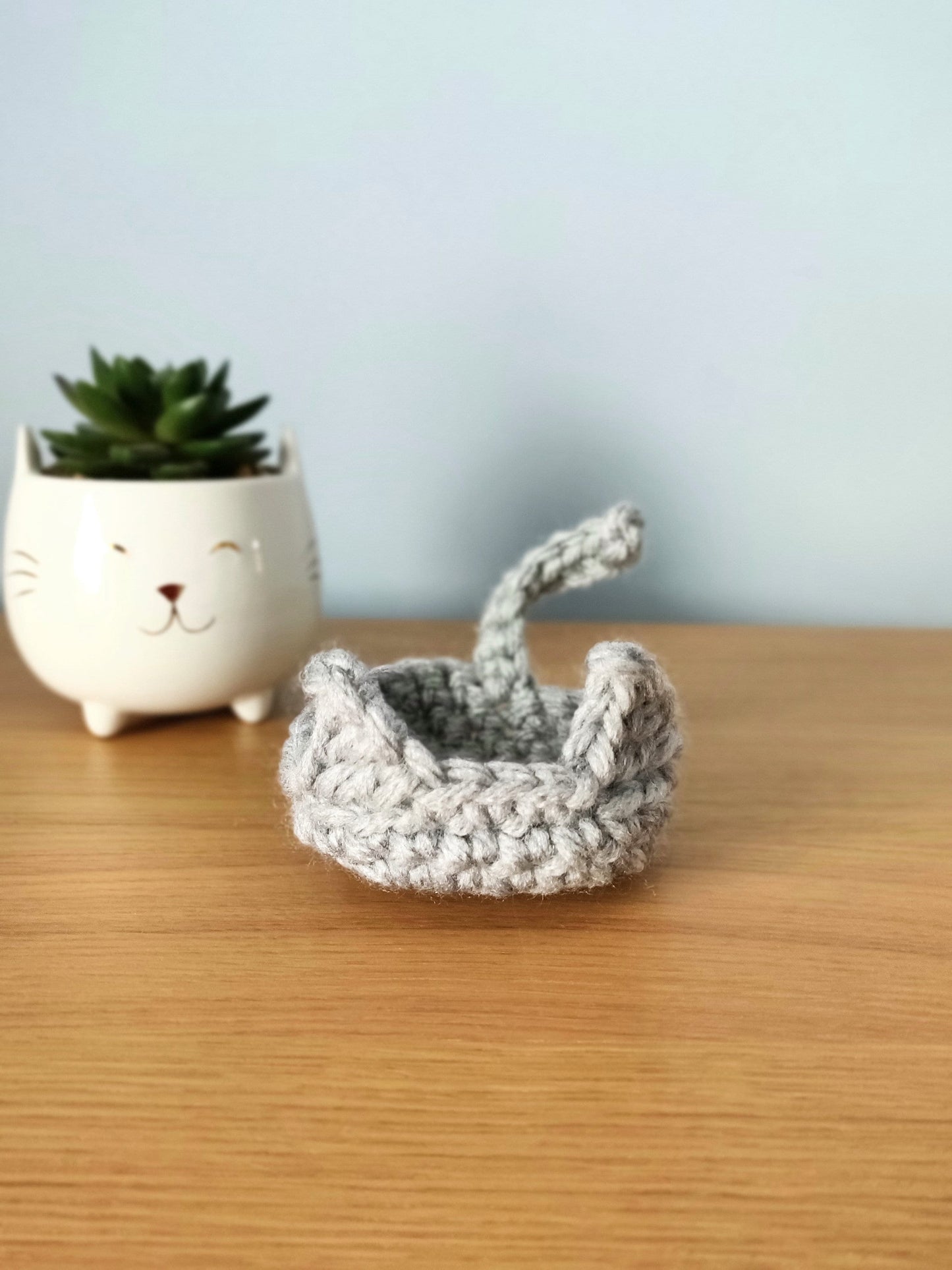 Crochet Cat Ring Dish, Trinket Holder, Handmade Kitten Decor