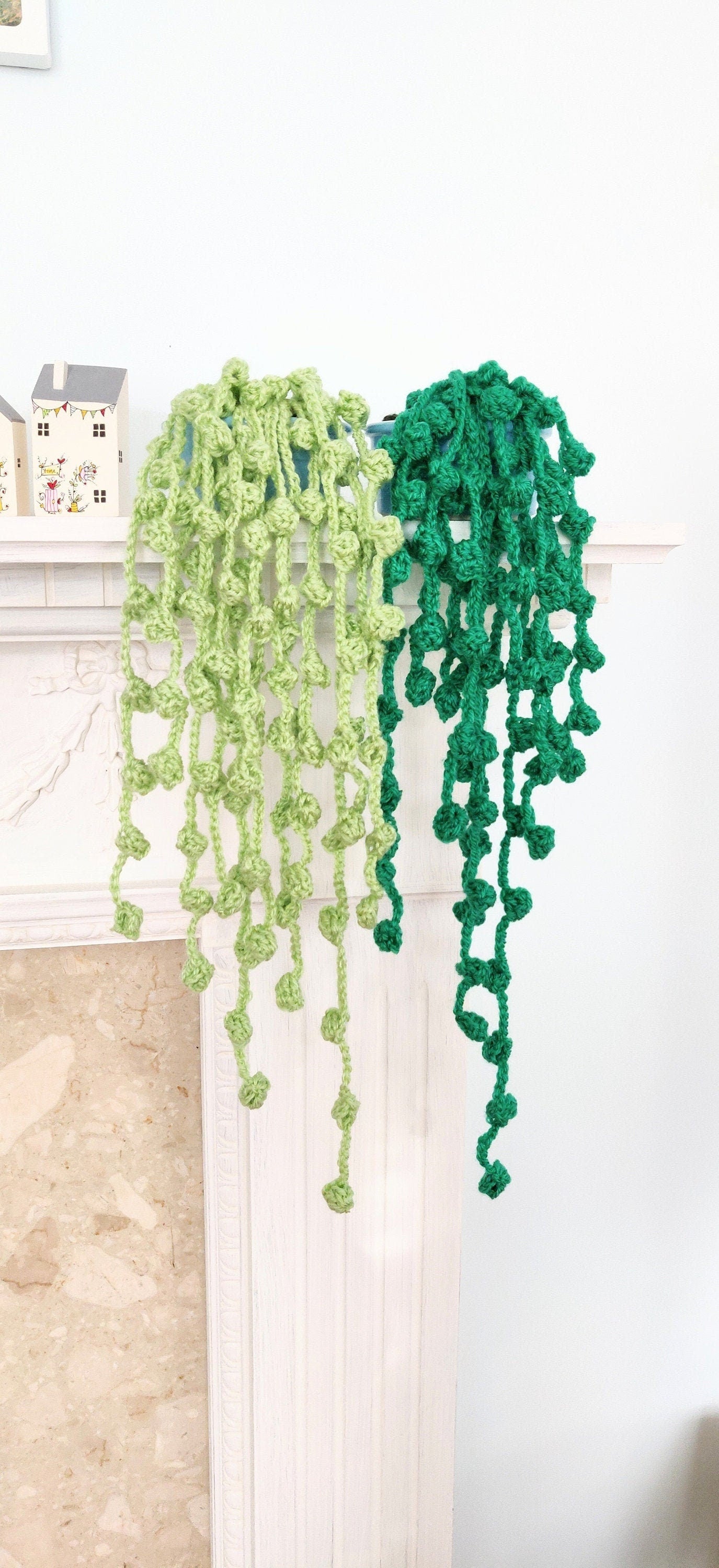 Set of Two Crocheted String of Pearls Hanging Plant, Blue Pot