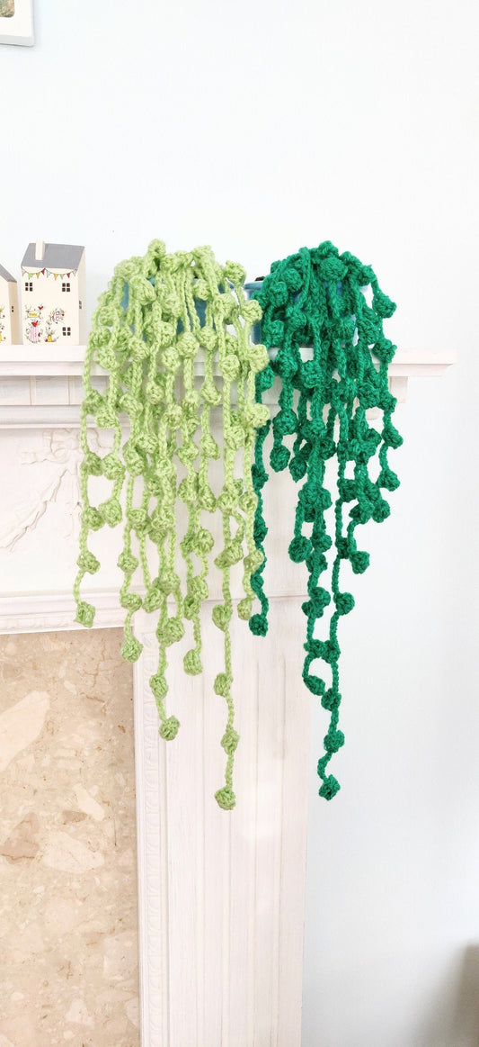 Set of Two Crocheted String of Pearls Hanging Plant, Blue Pot