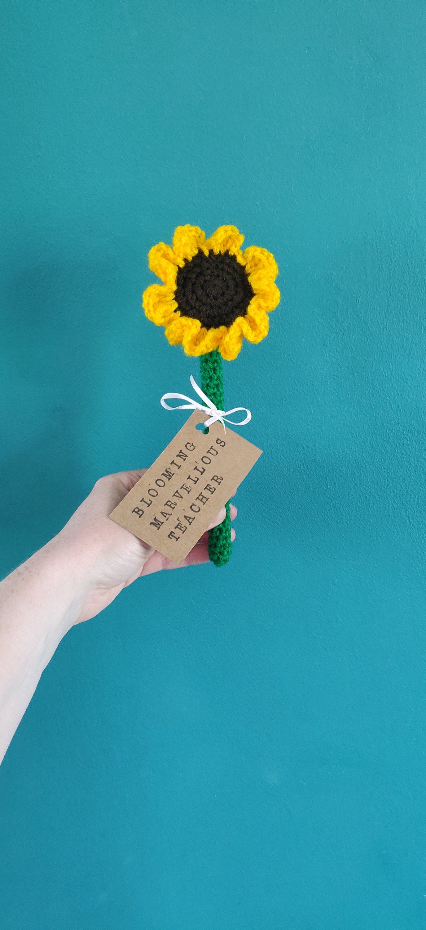Crochet Sunflower Teacher Gift, Personalized Tag