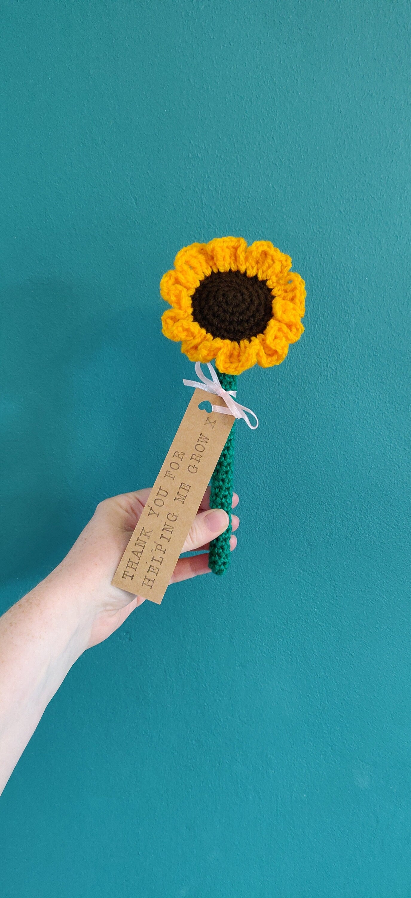 Crochet Sunflower Teacher Gift, Personalized Tag