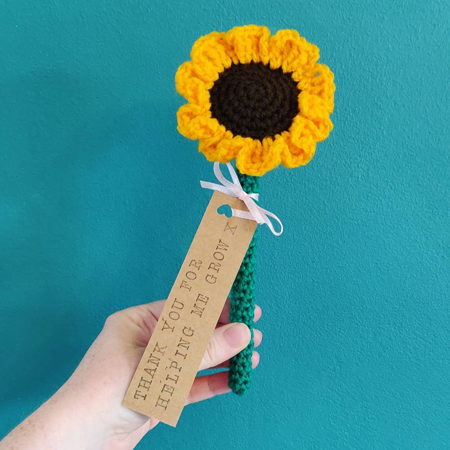 Sunflower Teacher Gift, Gifts for Teachers, Thank You for Helping Me Grow, Personalised Teacher Gift, Artificial Crochet Flower, Fake Flower